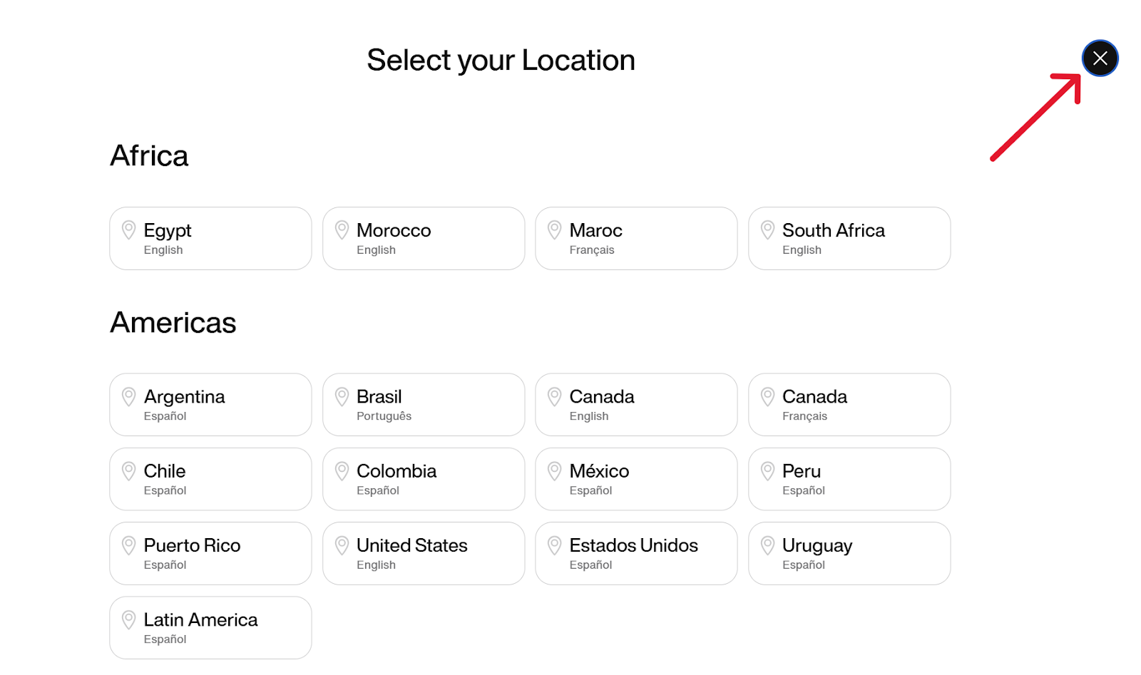 Nike splash page with country/region selection interface organized by continent